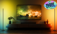 living room with two govee floor lamps