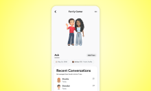 A phone screen displays the Family Center home screen on the Snap app.
