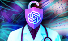 An illustration of a doctor whose head has been replaced by a giant lock depicted with the OpenAI logo.