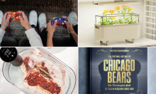 Two people holding custom Xbox controllers, flowers under a grow light, a sous vide device cooking steak, and a Chicago Bears book