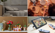 Bed with gray bamboo bed sheets, two people making pottery at home, various LEGO Botanicals on table with real plants, and Nintendo Switch 2 and controllers on desk