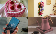 Pink heart-shaped cake jewelry box, Lego Flower Wall hanging on wall, hand wearing pink Oura Ring and holding smartphone, and pink electric kettle