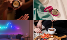 Collage featuring person pouring massage candle into hand, Lelo sex toy on bed, Govee light strip on wall, and people making snacks with chocolate fondue pot
