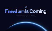 A screenshot of the freedom.gov homepage, which says "Freedom is Coming. Information is power. Reclaim your human right to free expression. Get ready."