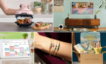 Ninja Crispi air fryer, Samsung The Frame TV, Skylight calendar, birthstone bracelets on wrist, and FabFitFun box in collage form