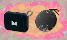 Monster speakers on pink and green abstract background