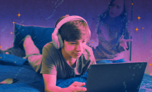 Teen son focuses on chatbot while parent tries to get their attention in background.