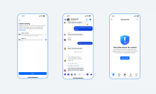 Three phone screenshots. The first shows the new Facebook Teen Account setting page. The second shows a Facebook Messenger conversation, with one message blurred by Teen Account settings. The third shows a Facebook account alert, indicating the account is rated 18+.