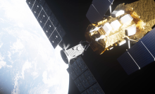 An artist interpreting the rendezvous of LINK with Swift in Earth orbit