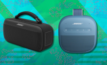 Bose portable speakers on green and light blue abstract background