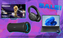 windows laptop, bose headphones, hisense tv, and sony speaker with colorful abstract background