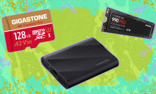 A micro SD card, portable SSD, and internal hard drive against a colorful background.