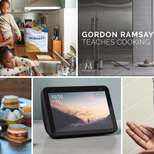 Person with kids in kitchen / ad for Gordon Ramsey episode of MasterClass / breakfast sandwich maker and food on countertop / Echo Show with landscape and time on screen / person's hands holding shaving cream / 