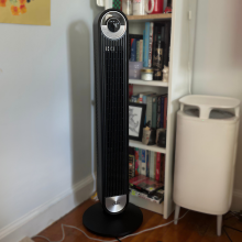 The Dreo tower fan in a living room