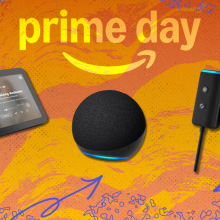 Echo devices in front of an orange background