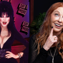 Cassandra Peterson (aka Elvira) on the Say More couch promoting her new cookbook "Elvira's Cookbook From Hell"