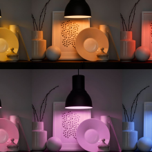 A lamp displaying home goods in six different colors.