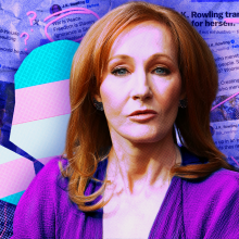 J.K. Rowling with a broken heart behind her in the colors of the trans pride flag. Behind her is a collage of her transphobic posts.