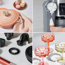 Collage featuring Le Creuset heart-shaped cocette on table, person making ice cream cone with Ninja Swirl, Dyson Supersonic Nural hair dryer laying beside attachments, colorful martini glasses on table