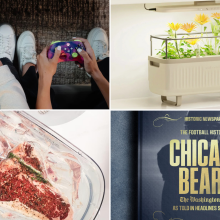 Two people holding custom Xbox controllers, flowers under a grow light, a sous vide device cooking steak, and a Chicago Bears book