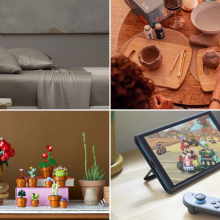 Bed with gray bamboo bed sheets, two people making pottery at home, various LEGO Botanicals on table with real plants, and Nintendo Switch 2 and controllers on desk