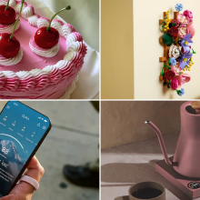 Pink heart-shaped cake jewelry box, Lego Flower Wall hanging on wall, hand wearing pink Oura Ring and holding smartphone, and pink electric kettle