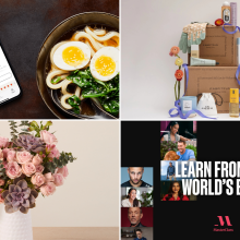 Udon and smartphone with NYT recipe on screen, FabFitFun box and products, bouquet of roses and succulents, and MasterClass courses with words "learn from the world's best"