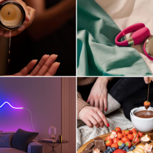 Collage featuring person pouring massage candle into hand, Lelo sex toy on bed, Govee light strip on wall, and people making snacks with chocolate fondue pot