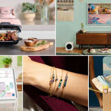 Ninja Crispi air fryer, Samsung The Frame TV, Skylight calendar, birthstone bracelets on wrist, and FabFitFun box in collage form