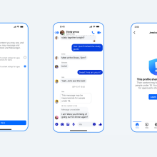Three phone screenshots. The first shows the new Facebook Teen Account setting page. The second shows a Facebook Messenger conversation, with one message blurred by Teen Account settings. The third shows a Facebook account alert, indicating the account is rated 18+.