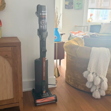 Shark PowerDetect Speed cordless vacuum on self-empty dock near credenza, armchair, and cat