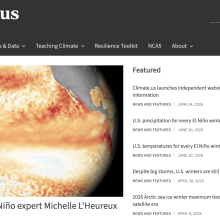 A screenshot of the climate.us homepage, which features a story titled "Q&A with NOAA El Niño expert Michelle L'Heureux"