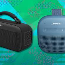 Bose portable speakers on green and light blue abstract background