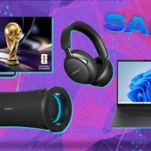 windows laptop, bose headphones, hisense tv, and sony speaker with colorful abstract background