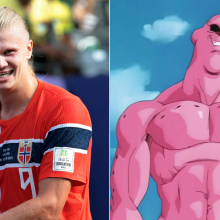 On the left is a soccer player grinning on the field, and on the right is a pink animated character from an anime