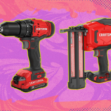 Two cordless craftsman tools against a colorful background.