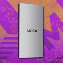 Lexar ES3 1TB External SSD on pink and gold abstract background