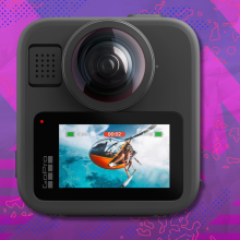 GoPro MAX2 on pink and purple abstract background