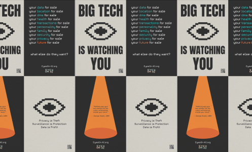 A collage of four different posters. One features a large eyeball and the words "Big Tech is watching you." Another reads "Privacy is Theft. Surveillance is Protection. Data is Profit."