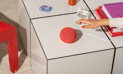 Google Home Speaker on desk in Berry color