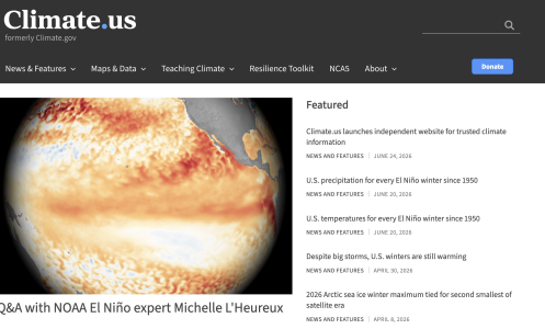 A screenshot of the climate.us homepage, which features a story titled "Q&A with NOAA El Niño expert Michelle L'Heureux"