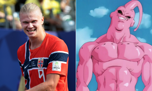 On the left is a soccer player grinning on the field, and on the right is a pink animated character from an anime