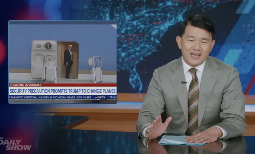 Ronny Chieng presents "The Daily Show" beside an image of Air Force One.