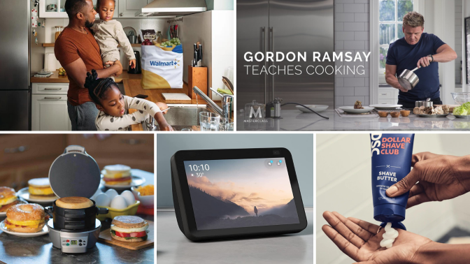 Person with kids in kitchen / ad for Gordon Ramsey episode of MasterClass / breakfast sandwich maker and food on countertop / Echo Show with landscape and time on screen / person's hands holding shaving cream / 