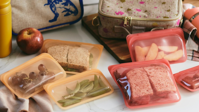 kids lunch packed in Stasher bags on counter 