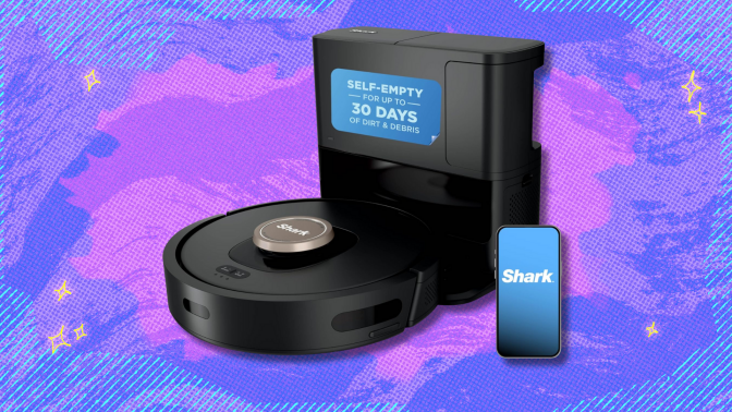 Shark AV2501AE AI robot vacuum on pink and purple abstract background
