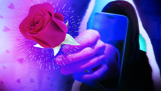 a scammer handing a rose through a phone