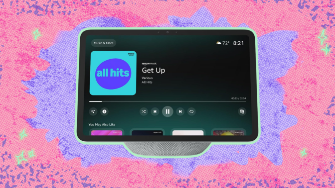 The Amazon Echo Show 11 against a colorful background. 