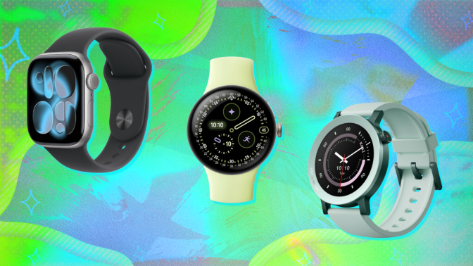 Nothing CMF Watch 3 Pro, Google Pixel Watch, and Apple Watch Series 11 with blue and green background