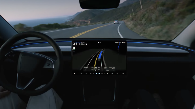 Inside a Tesla vehicle with Full Self Driving.